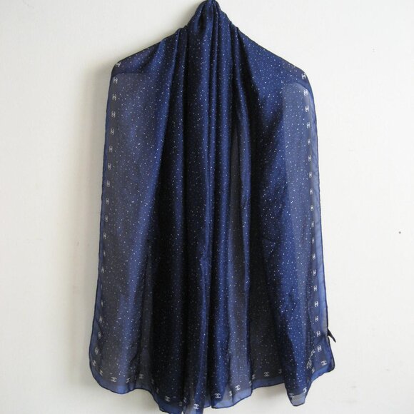 Vintage Chanel Wide Silk Shawl Scarf, Blue White, Silk - Picture 1 of 10